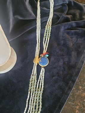 Blue Pendant Multi-Strand Beaded Necklace - White & Blue